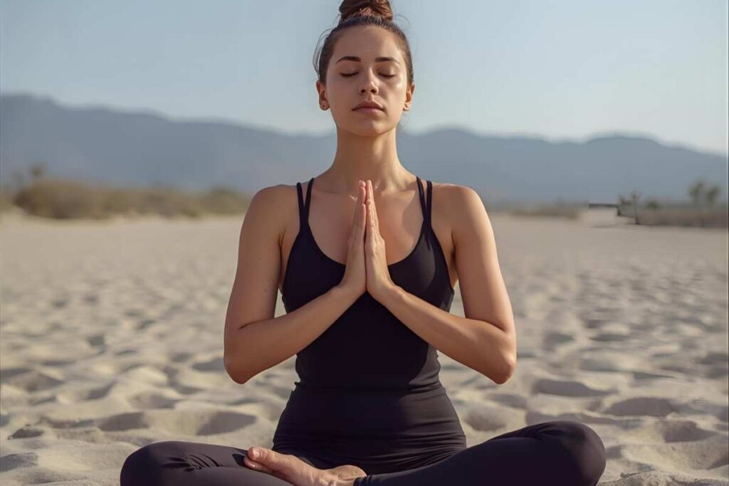 woman meditating on the beach, taking deep breaths for stress relief