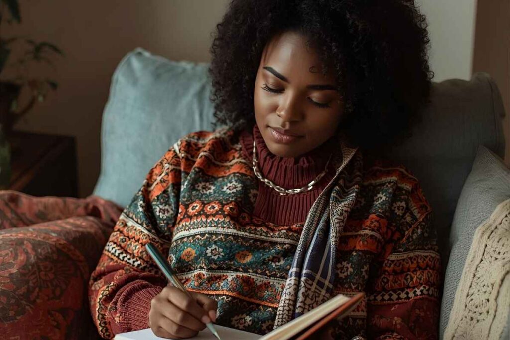 dark-skinned woman journaling in her living room, using the law of attraction in daily life to create positive change
