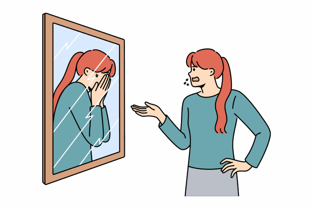 illustration of a woman criticizing herself in the mirror with a sad reflection, learning how to reframe negative self-talk