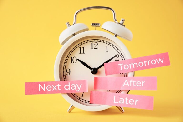 clock with labels like 'next day' and 'later', symbolizing procrastination and how to beat it