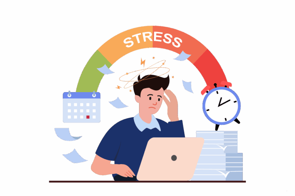 illustration of a man working stressed out, tips on how to reduce daily stress naturally