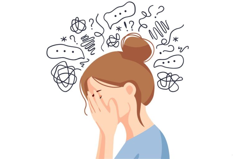 illustration of a girl with heavy thoughts above her head, learning how to reduce daily stress naturally