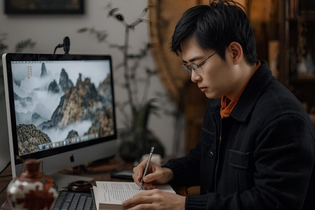 man studying a book next to his laptop, developing focus to become a more determined person