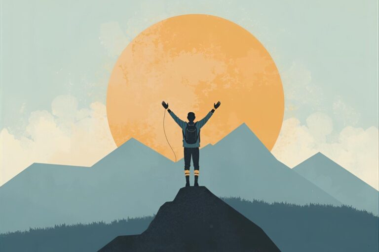illustration of a person standing on top of a mountain, symbolizing how to be a more determined person reaching goals