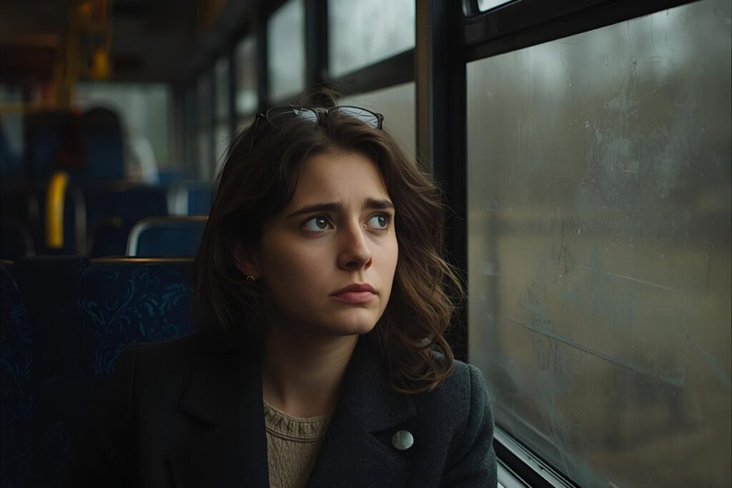woman on a bus staring out the window, processing feelings of hurt and learning how to forgive while angry
