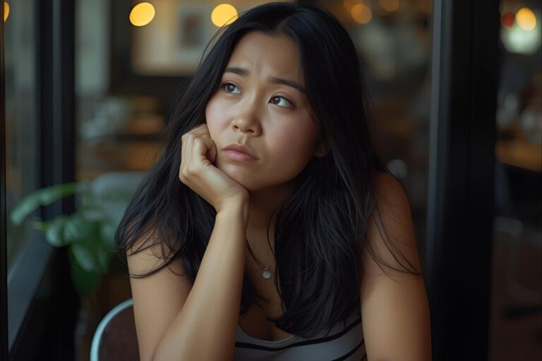 woman sitting in a café looking out the window, feeling hurt and struggling to forgive someone while still angry