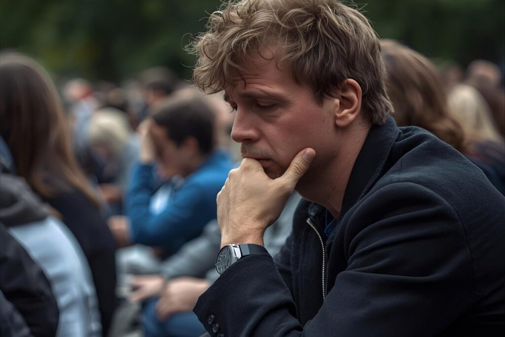 man sitting outside in a crowd, deep in thought about forgiving someone while feeling angry