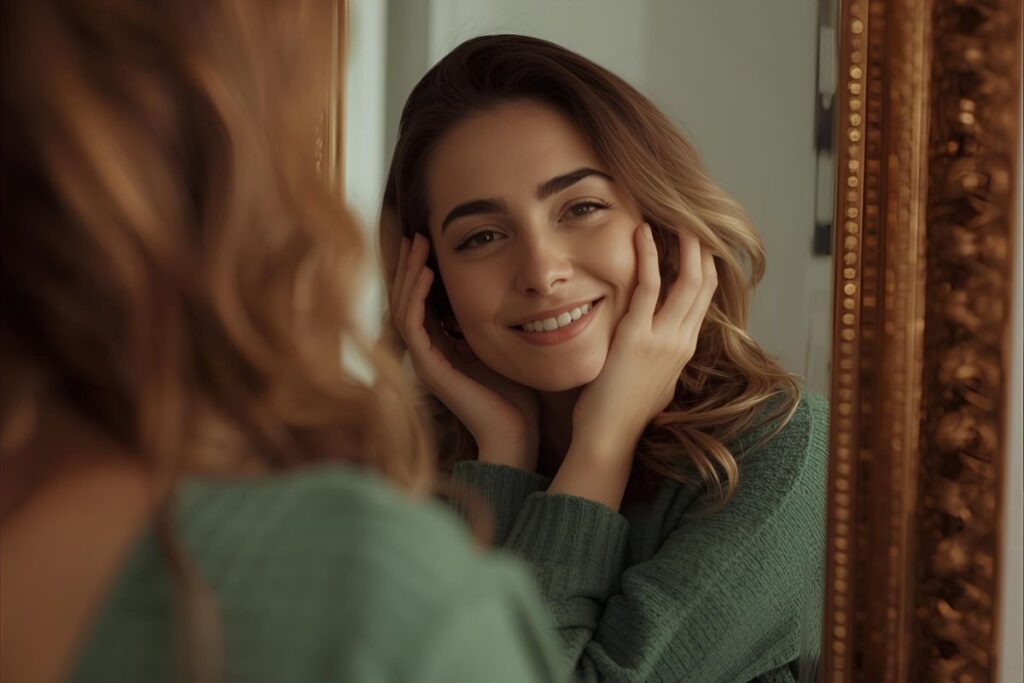 woman laughing at herself in the mirror, embracing self-love and not comparing her looks to others