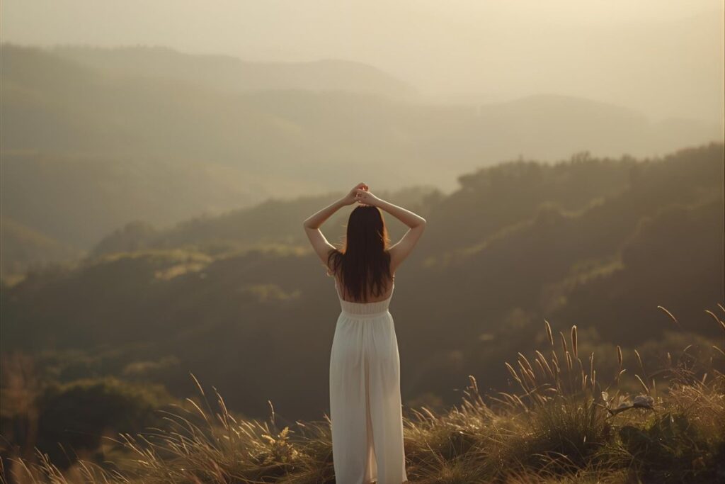 woman enjoying nature, feeling content and appreciating herself, stopping comparisons with others
