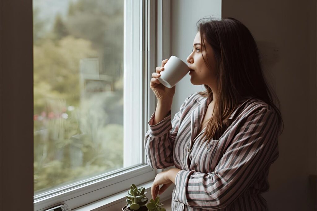woman sipping coffee while looking out the window, practicing morning habits that will change your life