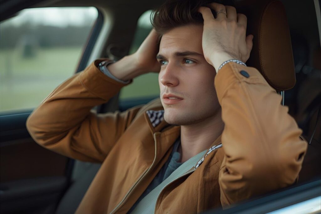 man sitting in a car under pressure, dealing with feelings of being overwhelmed
