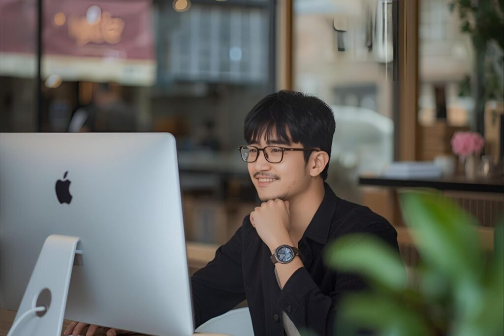 man working on a laptop, using self-discipline to reach his goals