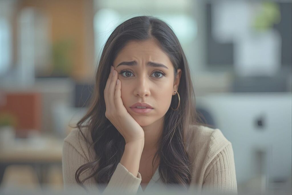 woman looking scared at the camera, struggling with fear of failure while pursuing her goals