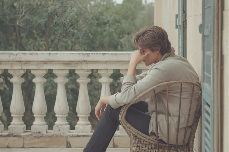 man sitting on a balcony, looking worried and fearful, contemplating how to overcome fear of failure
