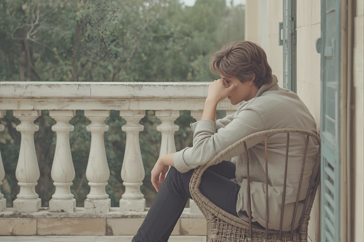 man sitting on a balcony, looking worried and fearful, contemplating how to overcome fear of failure