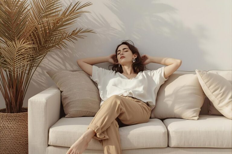 woman lying back on the couch with eyes closed, feeling lazy and unmotivated