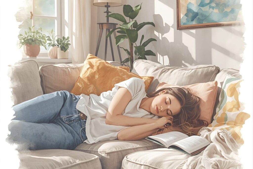 young woman resting on the couch with a book beside her, feeling lazy and unmotivated
