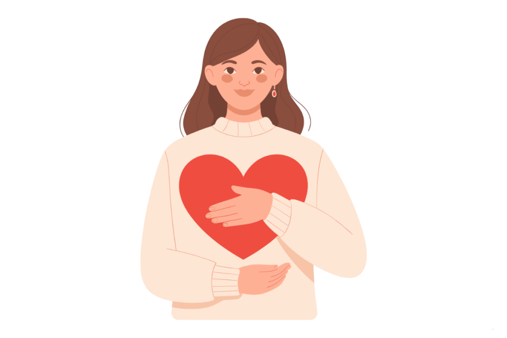 Weekend self-care idea: illustration of a girl holding a red heart, symbolizing self-love and care