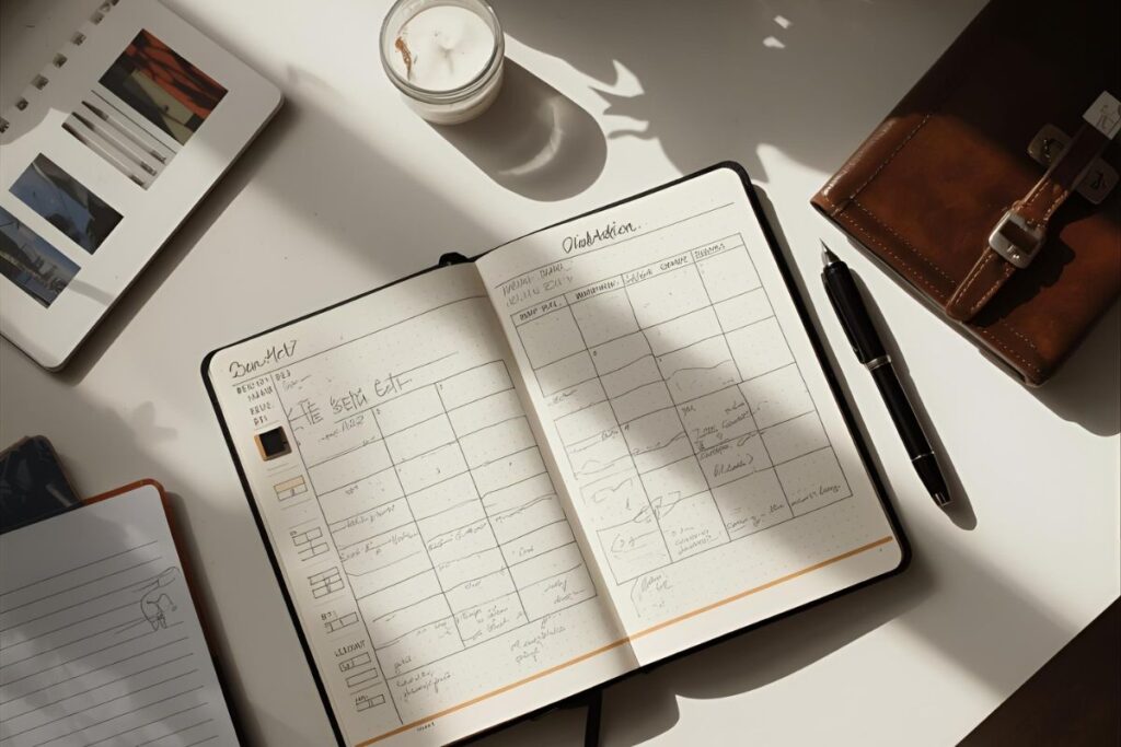 bullet journal open with notes and plans for keeping New Year's resolutions