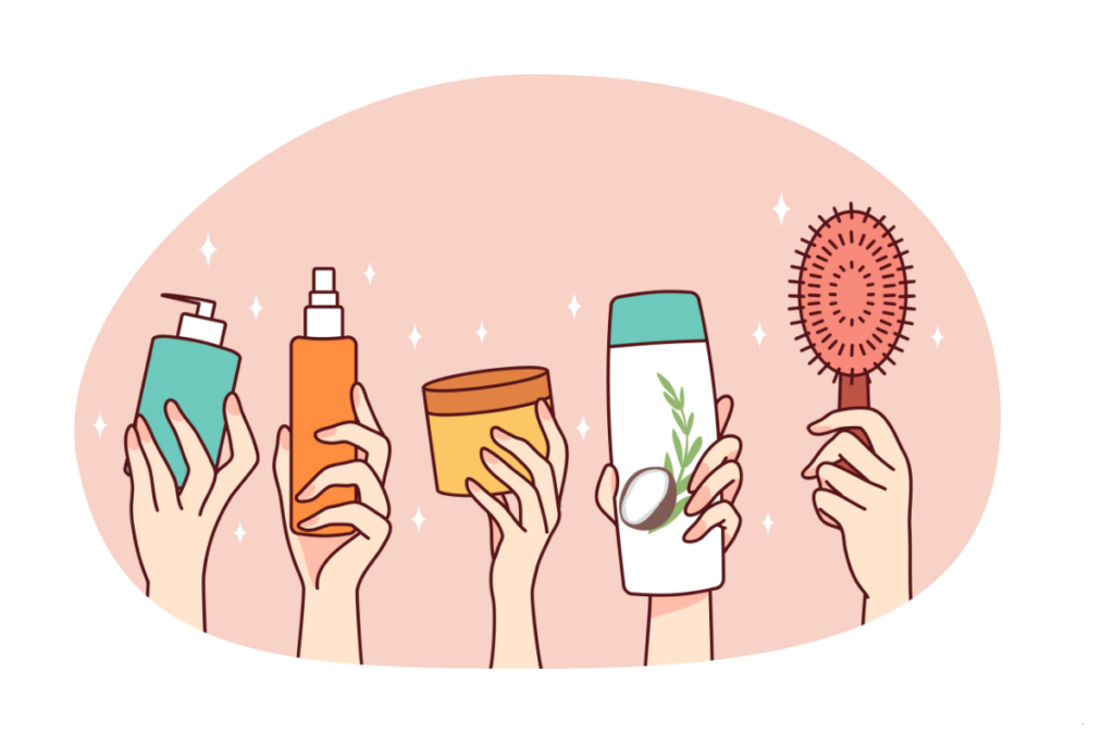 Toxic ingredients in cosmetics: illustration showing various beauty and skincare products containing harmful chemicals