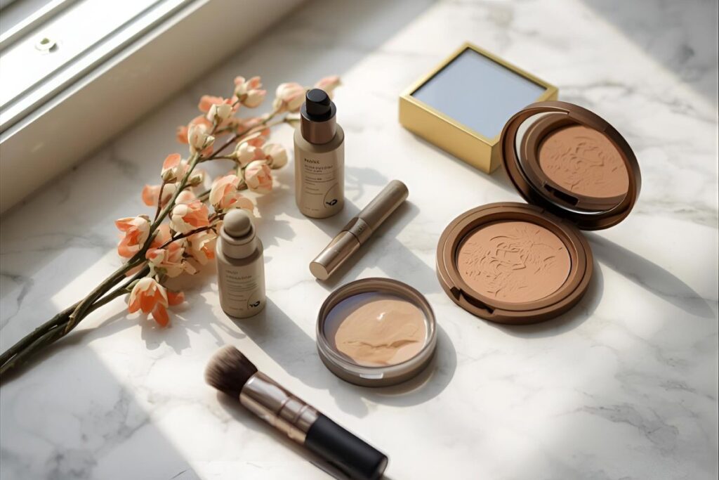 Toxic ingredients in cosmetics: makeup and skincare products placed on a table by the window, representing everyday exposure to chemicals