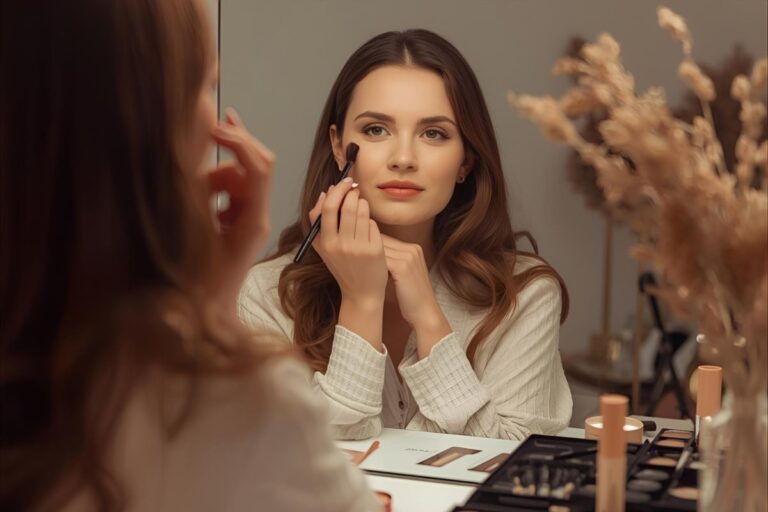 Toxic ingredients in cosmetics: woman applying makeup without realizing the harmful chemicals in beauty products