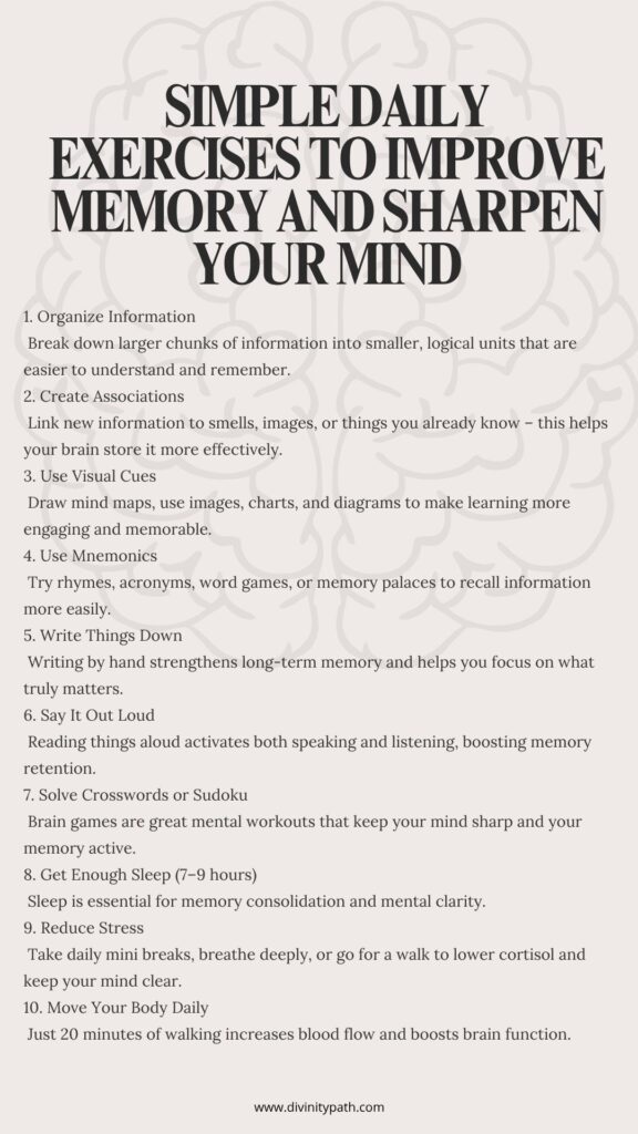 Infographic titled “Simple Daily Exercises to Improve Memory and Sharpen Your Mind” with illustrated memory-boosting activities like brain games, reading, walking, journaling, and learning new skills.