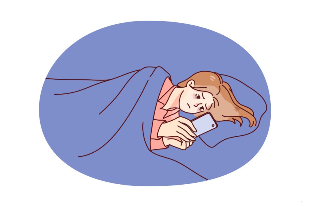 How to stop overthinking before sleeping: illustration of a girl lying in bed looking at her phone with tired eyes, unable to sleep