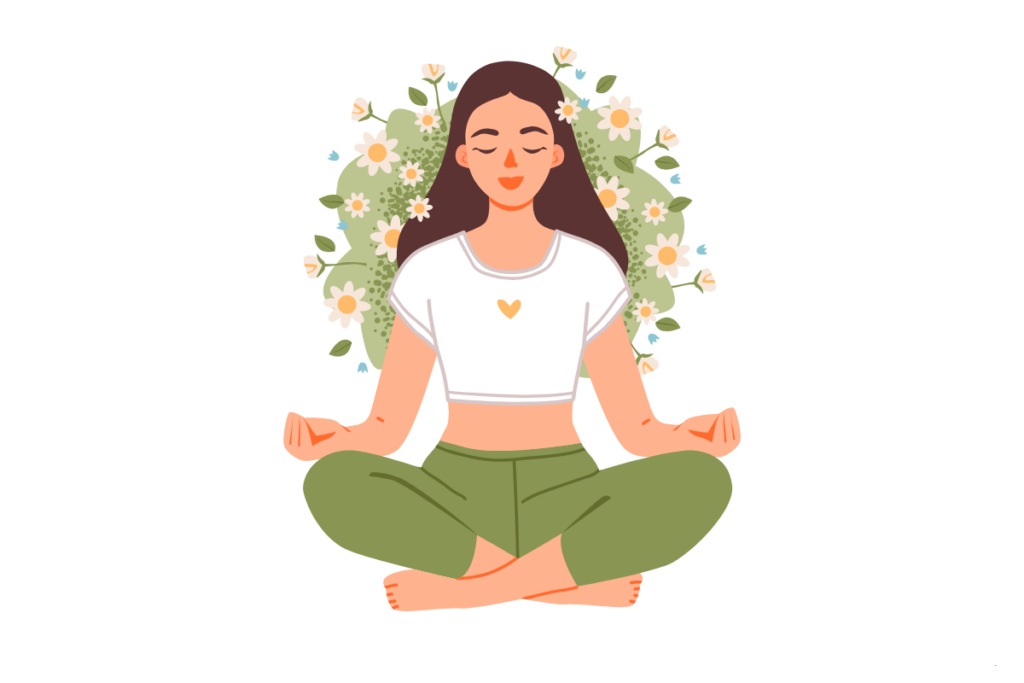 How to start meditating at home as a beginner: illustration of a girl sitting in meditation pose, focusing on mindfulness and relaxation