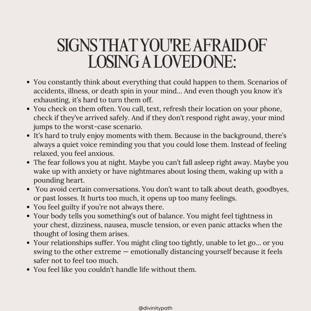 Infographic titled “Signs That You're Afraid of Losing a Loved One” showing emotional and behavioral signs — helpful for readers exploring how to stop worrying about losing a loved ones.
