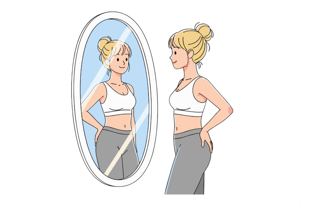 illustrated woman observing herself in the mirror, symbolizing self-reflection, healing self-image, and body positivity