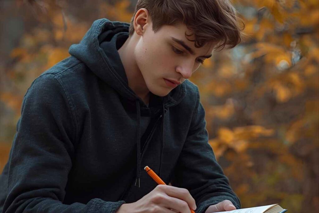 Journal prompts for self forgiveness: man journaling outdoors in autumn, practicing reflection, healing, and self-forgiveness