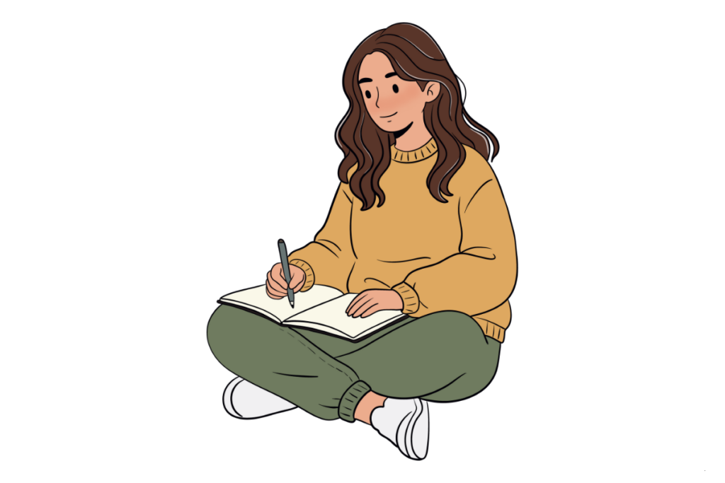 Journal prompts for mindfulness: illustrated girl writing in her journal, focusing on mindfulness, emotional clarity, and inner calm