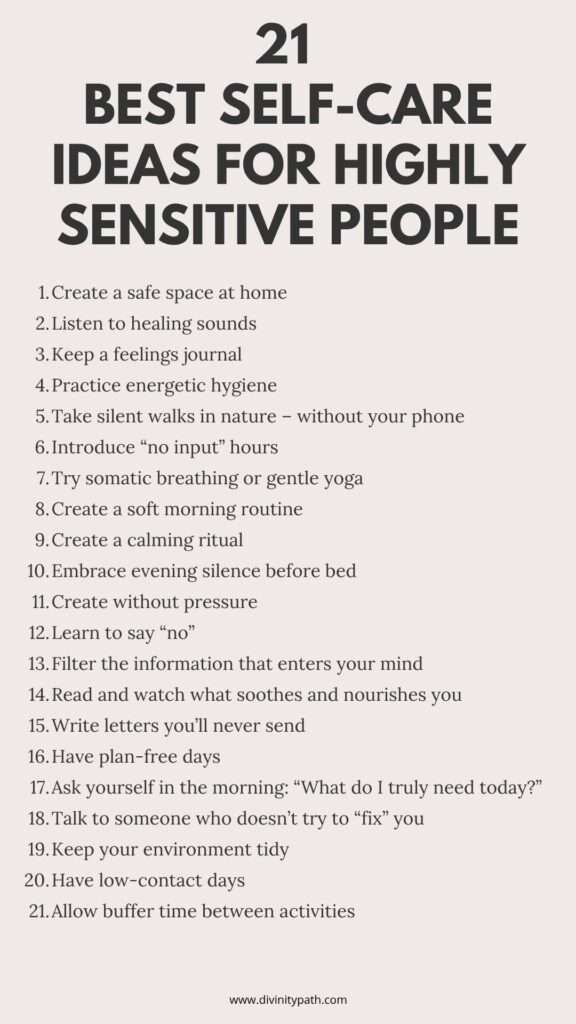 Infographic titled “21 Best Self-Care Ideas for Highly Sensitive People” with a list of calming and nurturing practices from the blog article — a visual guide to self-care ideas for highly sensitive people.