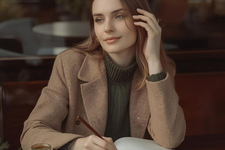 woman writing in her journal at a café, reflecting on end-of-year questions for 2025
