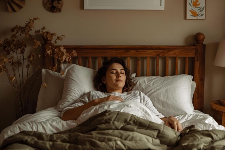 alt="woman sleeping peacefully in bed, evening affirmations for November helping calm the mind