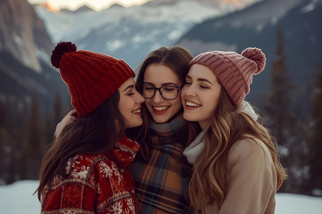 three women chatting happily outside in the snow, enjoying a stress-free holiday season