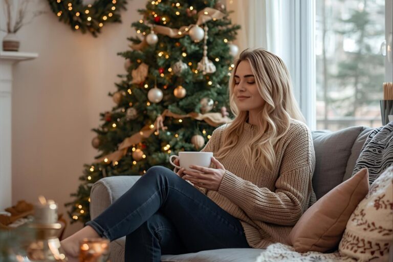 woman sitting calmly on a couch during the holidays, sipping from a cup, affirmations for a stress-free holiday season