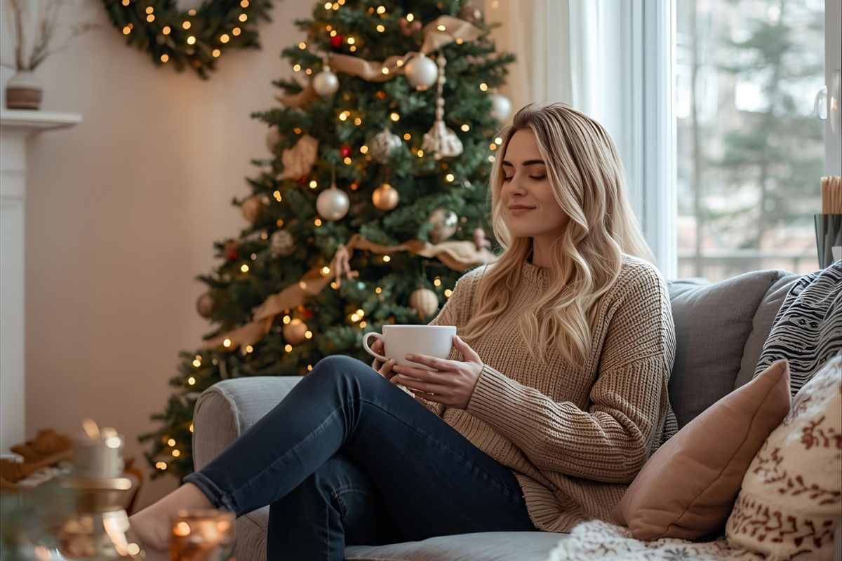 woman sitting calmly on a couch during the holidays, sipping from a cup, affirmations for a stress-free holiday season