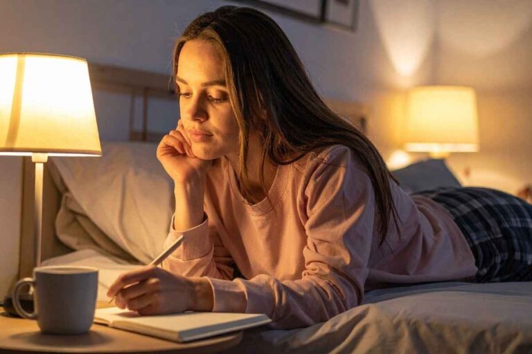 Christmas journal prompts for reflection: woman lying on her bed writing in a journal, reflecting on the holiday season and personal growth