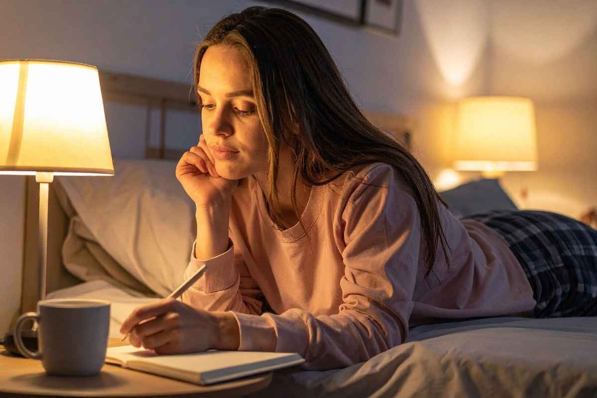 Christmas journal prompts for reflection: woman lying on her bed writing in a journal, reflecting on the holiday season and personal growth