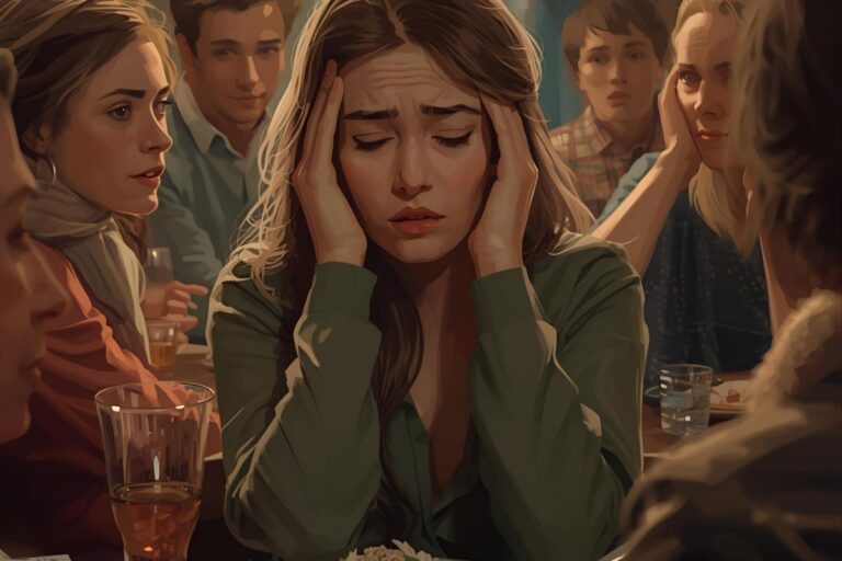 woman at a family gathering looking exhausted, tips to avoid holiday burnout