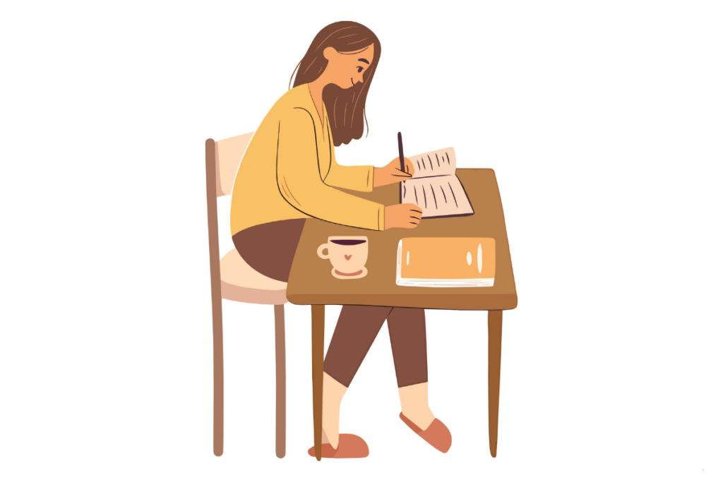 New year journal prompts: illustration of a girl writing in her journal at a desk, focusing on self-reflection and goal setting