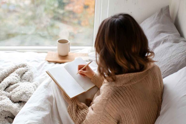 New year journal prompts: woman writing in her journal on the bed by the window, reflecting for a fresh start in 2026