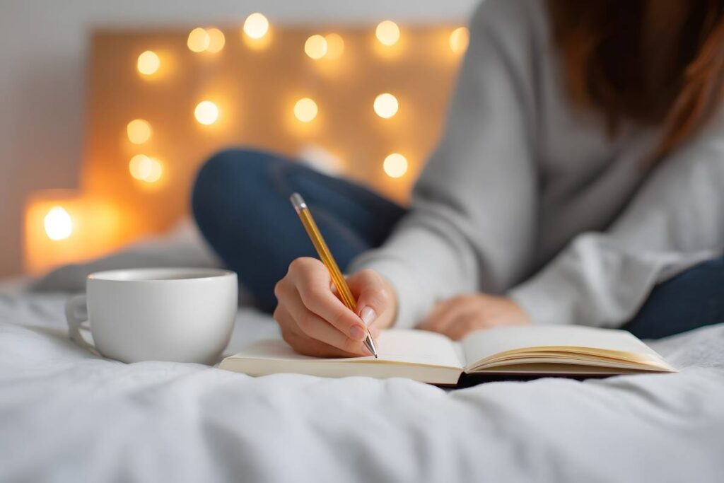 Christmas journal prompts for reflection: woman sitting on the bed writing in her journal with a cup nearby, enjoying a peaceful and reflective moment