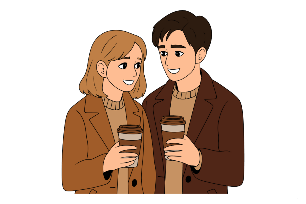 Anniversary date ideas: illustration of a couple holding coffee cups, enjoying a cozy and intimate moment together