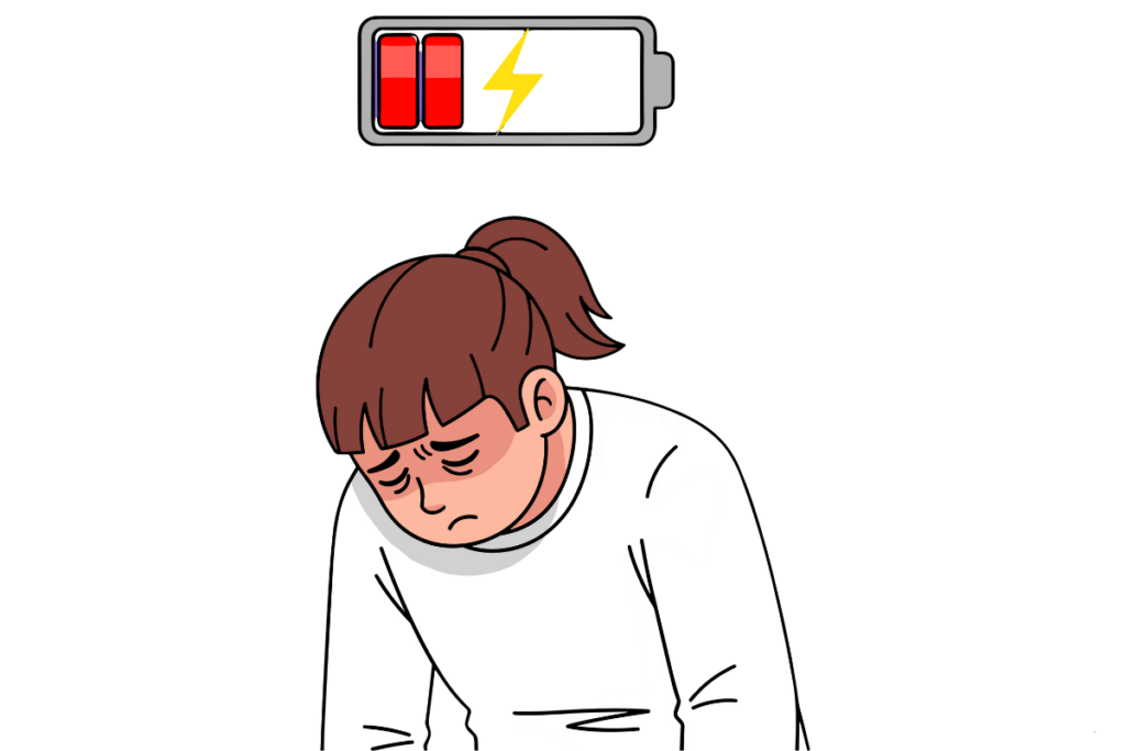 Signs you’re mentally exhausted: illustrated girl with a flashing red low-battery icon above her head, symbolizing burnout and low emotional energy