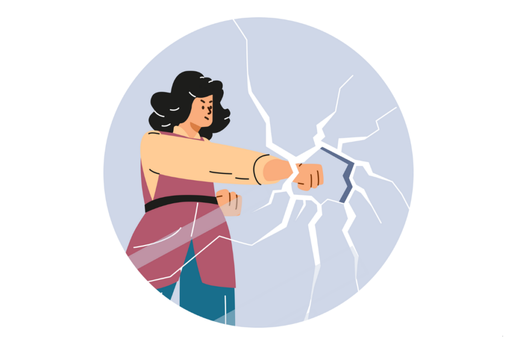 Habits that destroy your confidence: illustrated woman breaking a glass barrier, symbolizing breaking free from habits that lower self-esteem