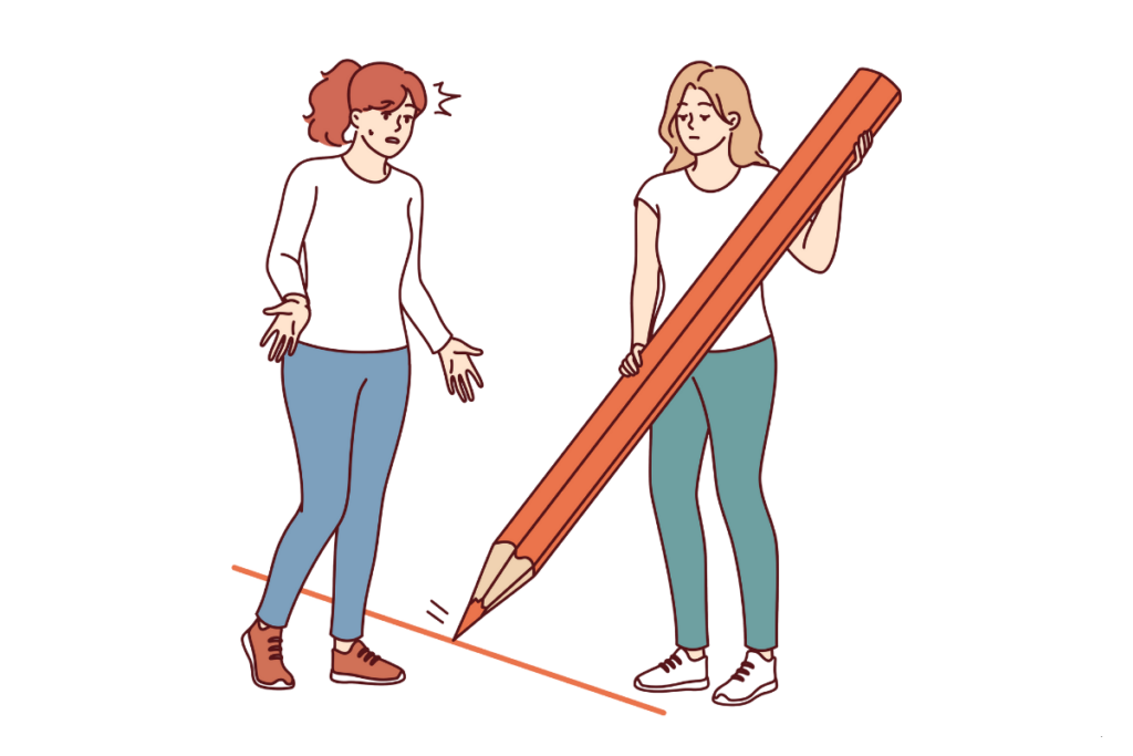 Signs you have weak boundaries: illustrated woman drawing a line in front of her, symbolizing establishing personal boundaries with others